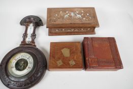 An Indian bone inlaid oblong box, 9" x 5" x 3", A/F, together with a brass inlaid hardwood box