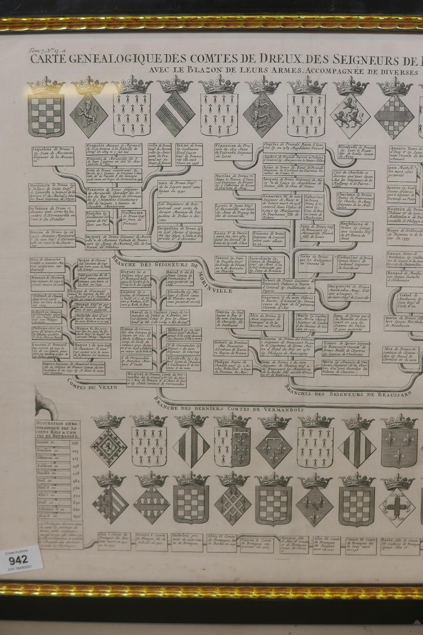 An C18th heraldic engraving, Carte Genealogique, des comtes de Dreux, des Seigneurs de Beaussart and - Image 4 of 6