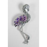A 925 silver and plique a jour brooch in the form of a flamingo, set with marcasite, 2"