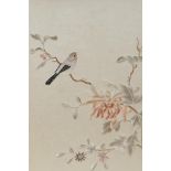 A Chinese silk embroidery depicting birds on a branch in bloom, 10½" x 13"