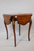 A French C19th marquetry inlaid rosewood centre table, with shaped drop leaves and gilt brass