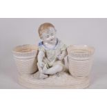 A decorative porcelain planter in the form of a young girl seated between two large baskets, 11½"