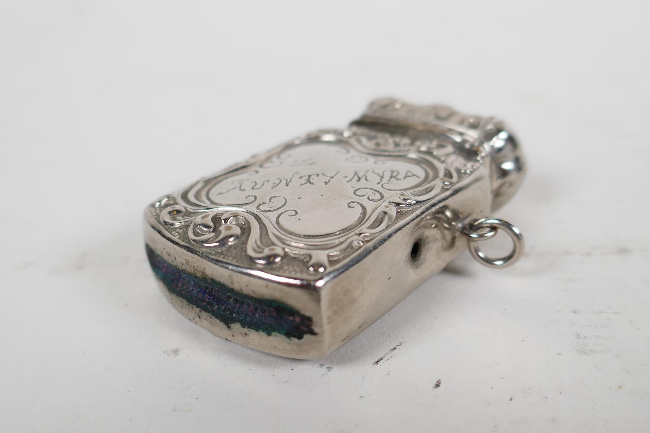 Three decorative Victorian and early C20th match safe vesta cases; one silver plated and topped with - Image 6 of 8