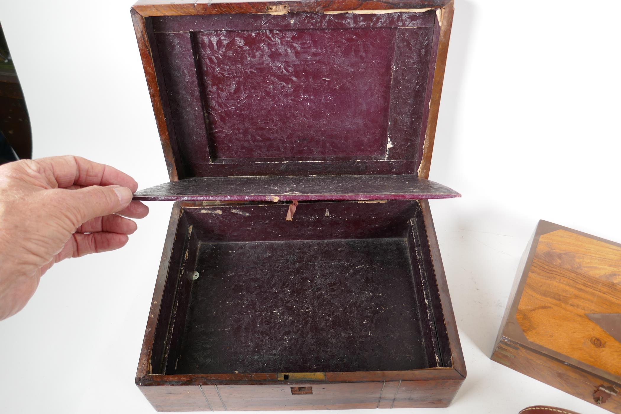 A C19th rosewood vanity box, A/F, 12" x 9" x 5", together with a small brass bound trinket box and a - Image 5 of 5