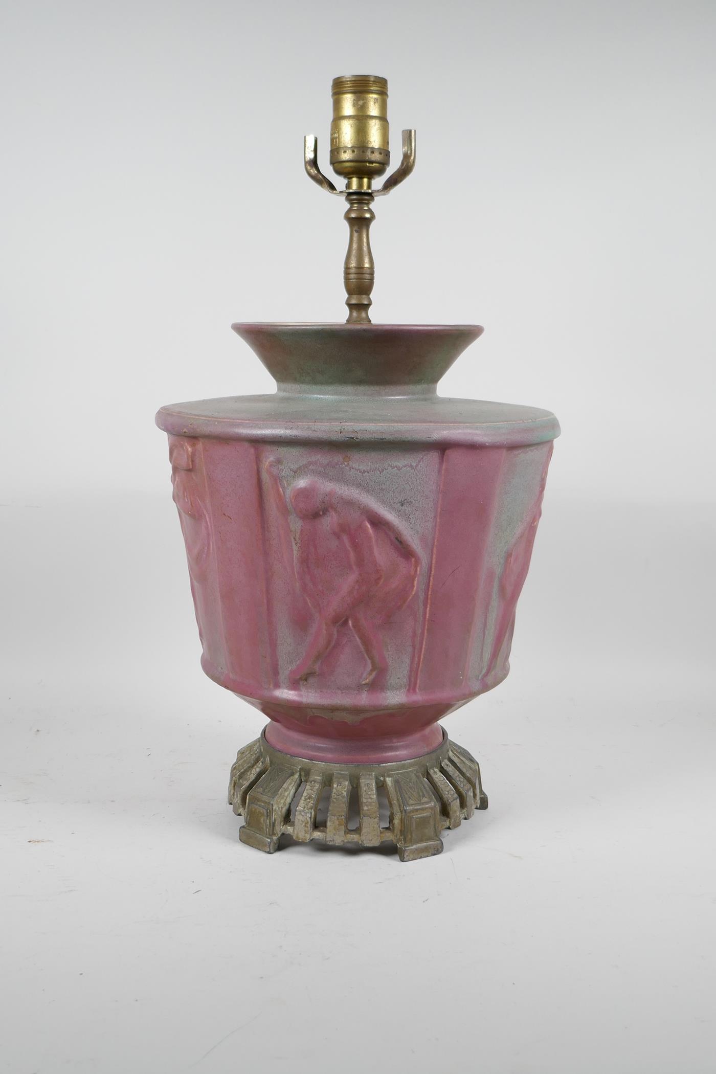 A pink glazed ceramic lamp with metal mounts, the body decorated with classical nudes, 17" high - Image 4 of 5