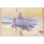 An Impressionist pastel drawing of a coastal scene with boats and figures, signed with initials, 10"