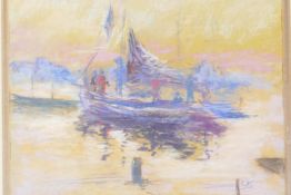 An Impressionist pastel drawing of a coastal scene with boats and figures, signed with initials, 10"