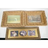 Two colour prints of duelling swordsmen in good gilt plaster frames, largest 11" x 7", together with