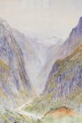 A watercolour mountain landscape with deep river gorge initialled RJM, 9½" x 13½",
