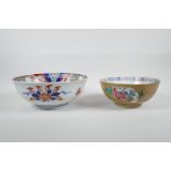 A Chinese Imari porcelain bowl, and a famille rose porcelain bowl (A/F pinned), largest 10" diameter