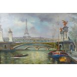 After Jules R. Herve, Impressionist view down the Seine with the Eiffel Tower in the distance, 28" x
