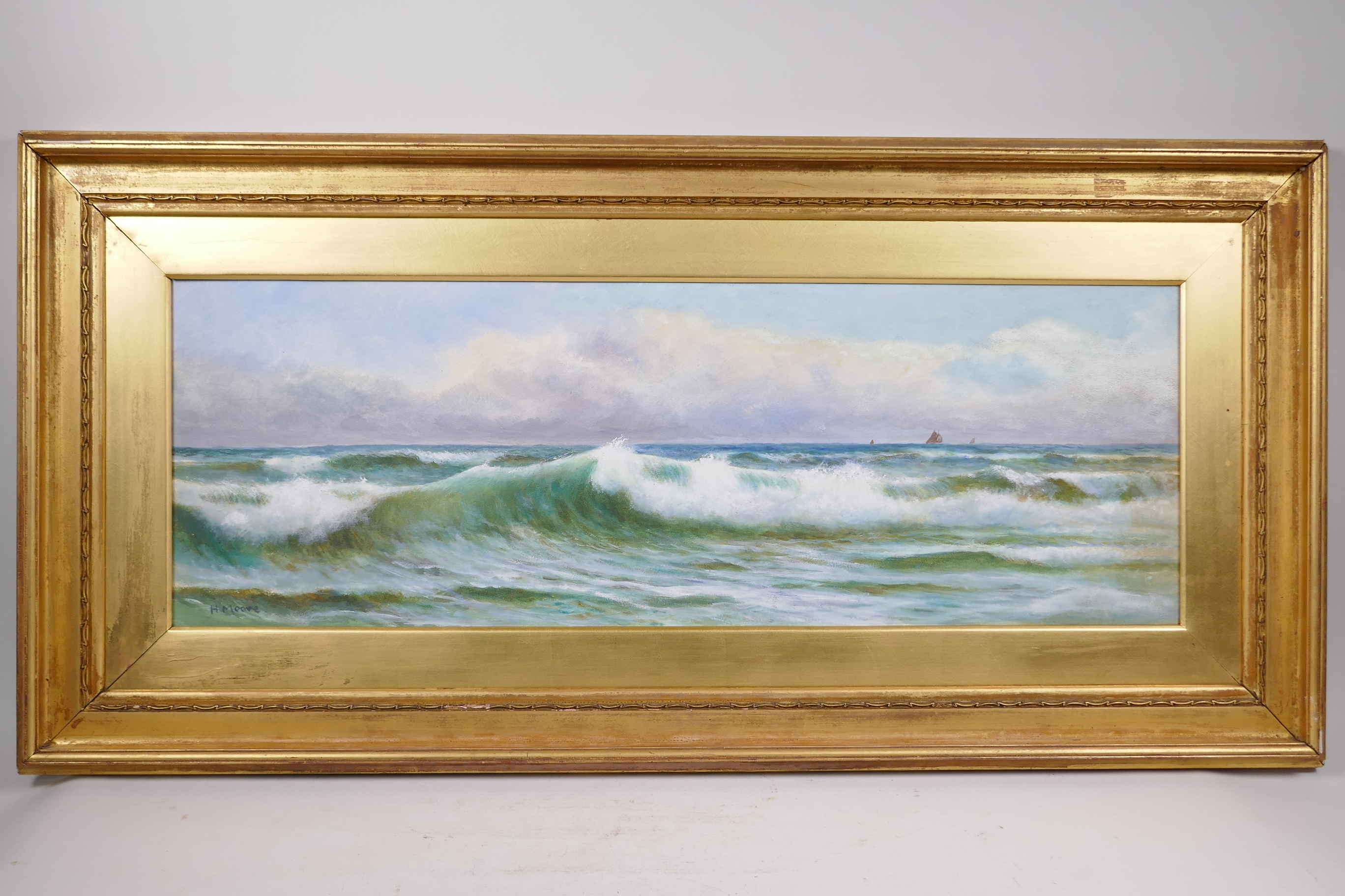Seascape with distant boats, signed H. Moore, watercolour and bodycolour, 10" x 29" - Image 2 of 4