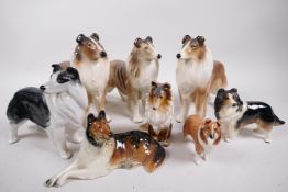 Eight porcelain figurines of Rough Collie Dogs, largest 8" high