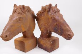 A pair of cast iron horse's head garden ornaments, 12" high