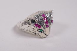 A 925 silver ring in the form of a cat's head set with gemstones, approximate size 'P/Q'