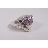 A 925 silver ring in the form of a cat's head set with gemstones, approximate size 'P/Q'