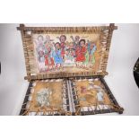 Two Indian paintings on stretched hides, a musician and basket maker, and another of figures with