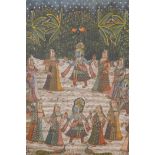 An Indian painting on silk depicting a ceremonial dance, 'The Wishes of Krishna', 33" x 45"