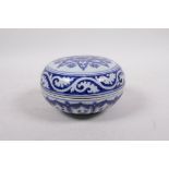 A Chinese blue and white porcelain box and cover with Yin Yang decoration, 6 character mark to base,