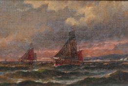 C. Belle, fishing boats at sunset, signed oil, 5½" x 12"