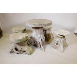 A Rootwood garden table and four matching stools, table 28" x 28" diameter