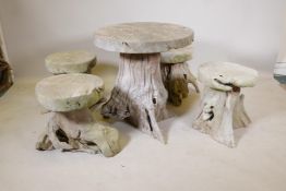 A Rootwood garden table and four matching stools, table 28" x 28" diameter