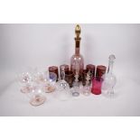 An amethyst glass drinks set with gilt decoration, five lustre glasses, fruit bowl and other
