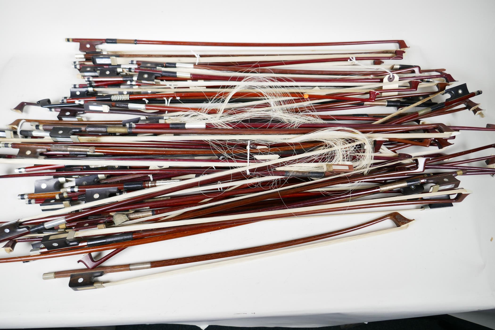 A box containing over fifty violin bows, varying lengths, mostly for restoration