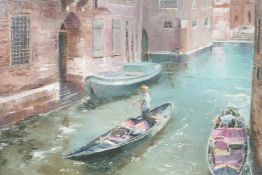 Adams, Venetian backwater canal scene with a gondola, oil on canvas, 22" x 16"