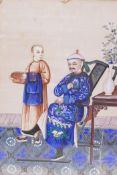 A Chinese watercolour on rice paper of a seated dignitary with attendant, 7½" x 10"