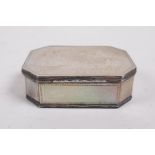 A C19th Cantonese mother of pearl box with white metal mounts, the top engraved with figures tending