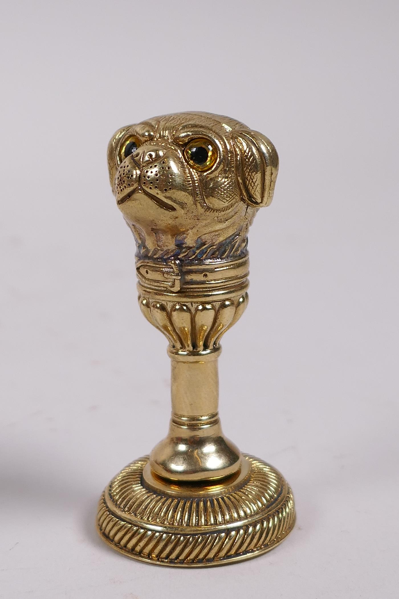 A brass document seal, the handle in the form of a pug's head, 2" - Image 2 of 3