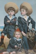 A C19th chromolithograph, three sailor boys, 'Young Britons', 18" x 17"