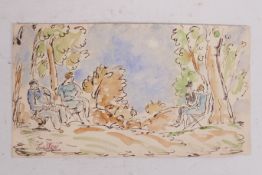 Figures seated in a park, stamped signature 'Cosson', unframed ink and watercolour, 6" x 11"