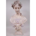 A plaster bust in the Art Nouveau style, woman with a garland in her hair, 19½" high