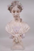 A plaster bust in the Art Nouveau style, woman with a garland in her hair, 19½" high