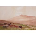 W.H. Dyer, moorland scene, inscribed on gallery label verso 'Dartmoor ponies', signed watercolour,