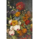 A Dutch style still life of flowers, oil on canvas, a still life of flowers on porcelain, and a