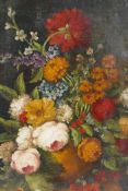 A Dutch style still life of flowers, oil on canvas, a still life of flowers on porcelain, and a