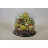 A Victorian wax fruit display under dome, 12" high