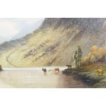 After W. Langley, Scottish Highlands scene with cattle drinking at a lake, titled verso 'Loch