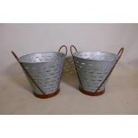 A pair of galvanised olive buckets with iron straps and handles, 16" diameter