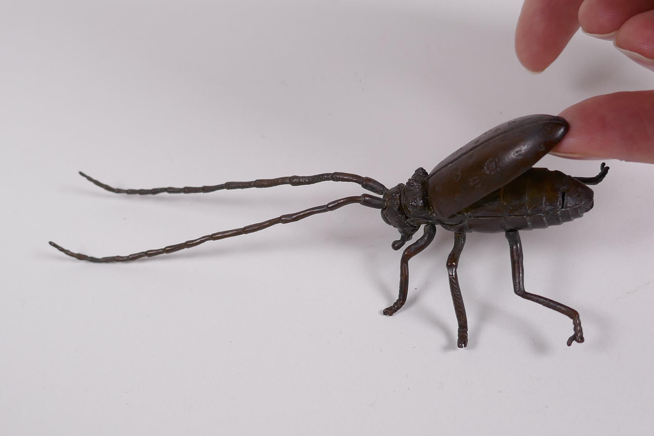 A Japanese Jizai style bronzed metal beetle with articulated limbs, antennae and carapace, 5½" long - Image 3 of 3