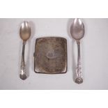 Two C19th hallmarked silver spoons and a hallmarked silver cigarette case, 177 grams