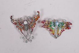 A 925 silver and plique a jour butterfly brooch, 2", and another