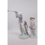 Two Lladro figures, golfer, 11" high and a young fisherman