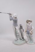Two Lladro figures, golfer, 11" high and a young fisherman