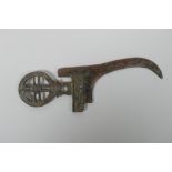 A Chinese patinated bronze archaic style ge head (dagger axe head), 10½" x 3½"