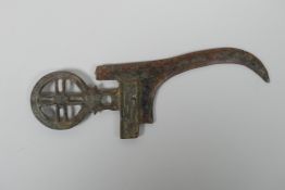 A Chinese patinated bronze archaic style ge head (dagger axe head), 10½" x 3½"