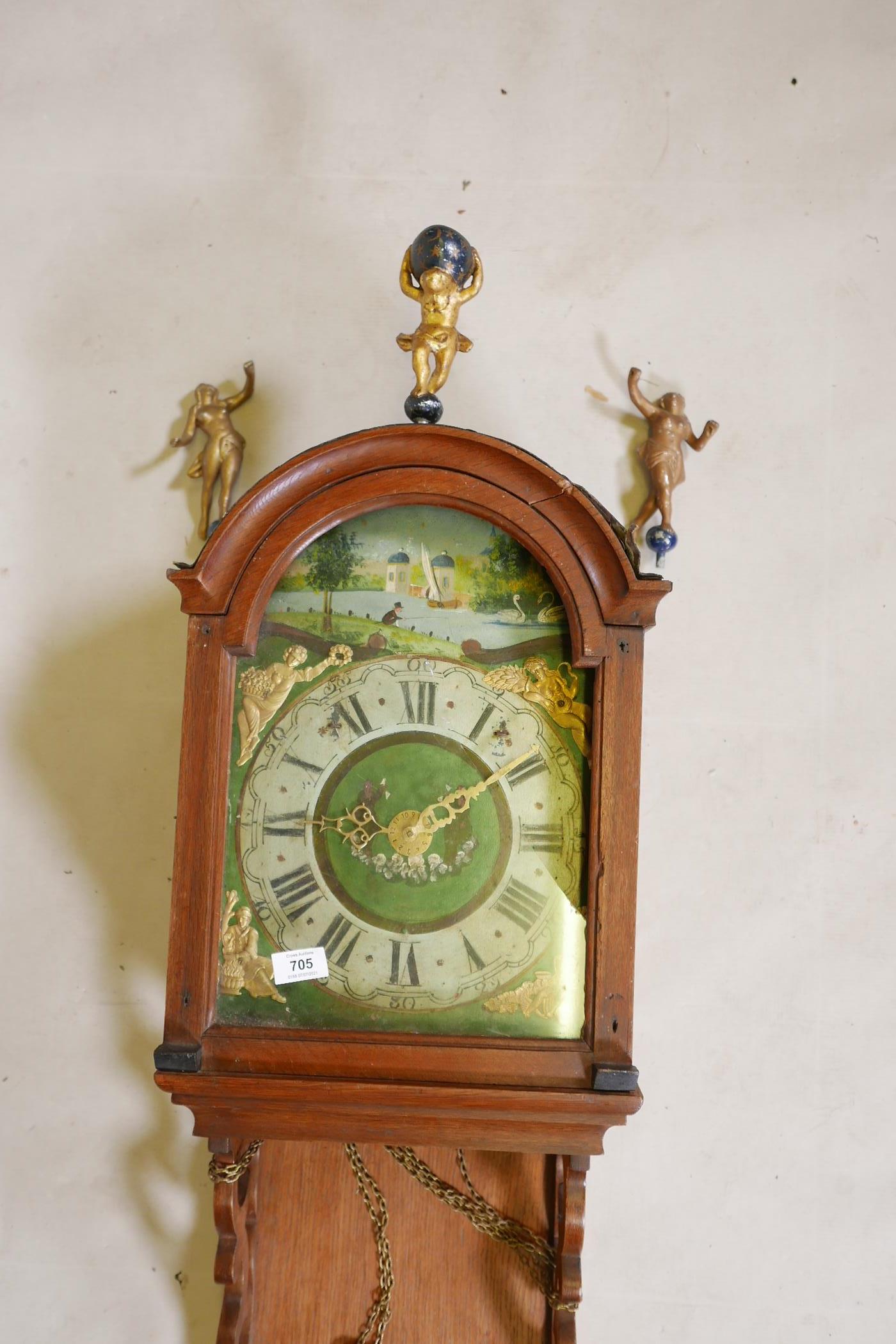 A C19th Dutch Staart clock, oak case with painted arched dial, brass spandrels and gilt metal - Image 2 of 6